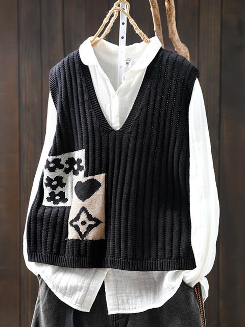 Women Spring Casual Flower Colorblock V-Neck Vest