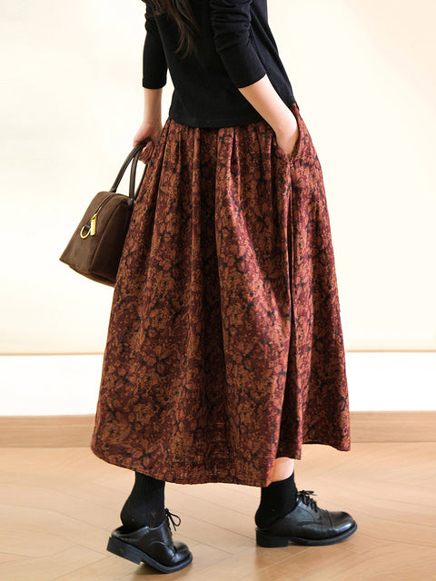 Women Spring Flower 100%Cotton A-Shape Skirt