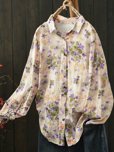 Women Spring Cotton Flower Turn-down Collar Shirt