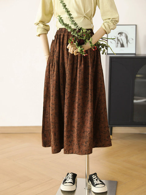 Women Spring Flower 100%Cotton A-Shape Skirt