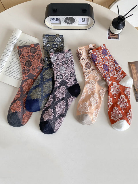 5 Pairs Women Artsy Floral Jacquard Cotton Socks