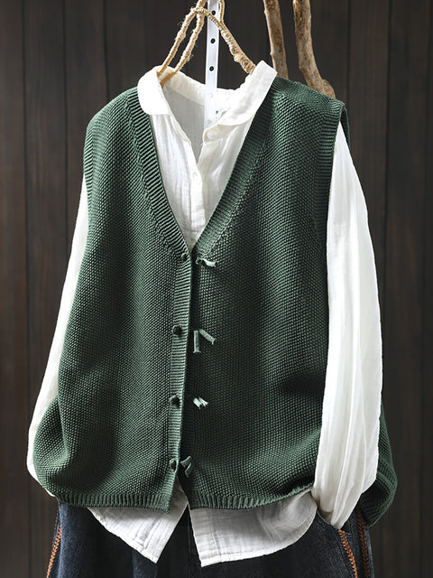 Women Spring Pure Color Knit V-Neck Cardigan Vest