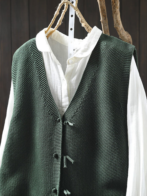 Women Spring Pure Color Knit V-Neck Cardigan Vest