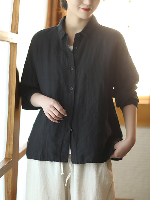 Women Spring Pure Color Turn-down Collar Linen Shirt