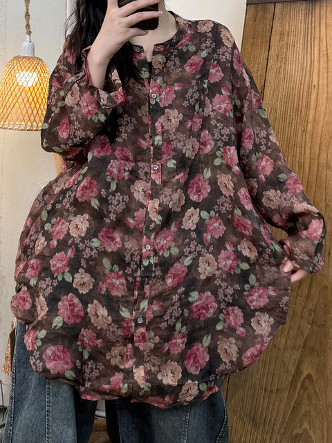 Women Artsy Spring Flower O-Neck Ramie Shirt