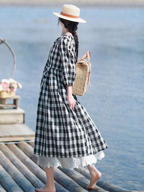 Women Winter Casual Plaid O-Neck Cotton Linen Dress