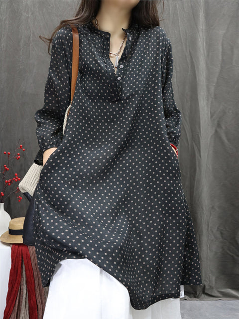 Women Spring O-Neck Dot 100%Ramie Shirt Dress