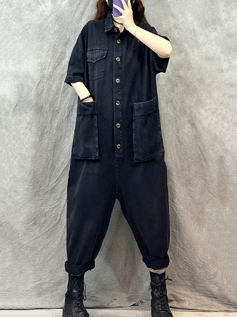 Women Summer Vintage Pure Color Loose Jumpsuits