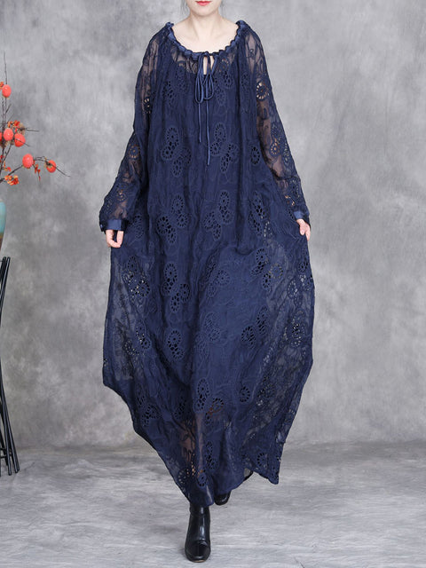 Women Spring Artsy Lace Flower O-Neck Loose Dress