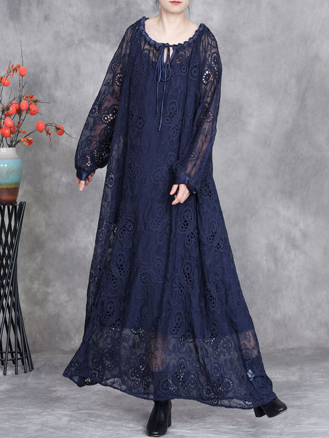 Women Spring Artsy Lace Flower O-Neck Loose Dress