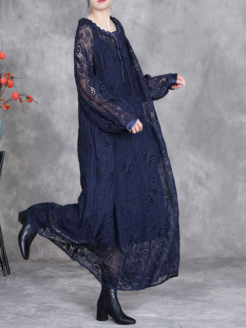 Women Spring Artsy Lace Flower O-Neck Loose Dress