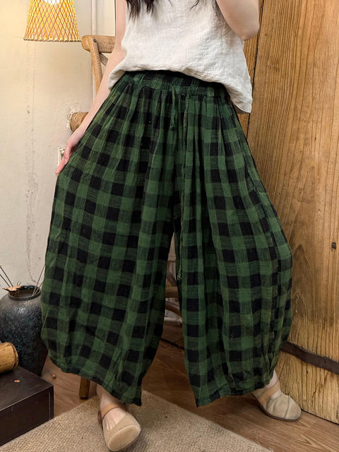 Women Spring Retro Plaid Loose Wide-leg Pants