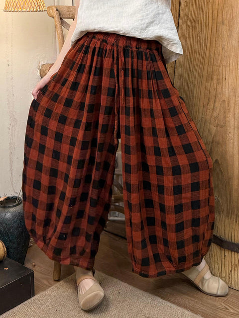 Women Spring Retro Plaid Loose Wide-leg Pants