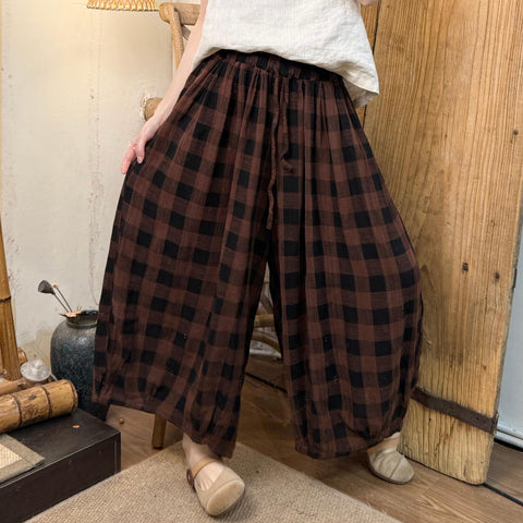 Women Spring Retro Plaid Loose Wide-leg Pants