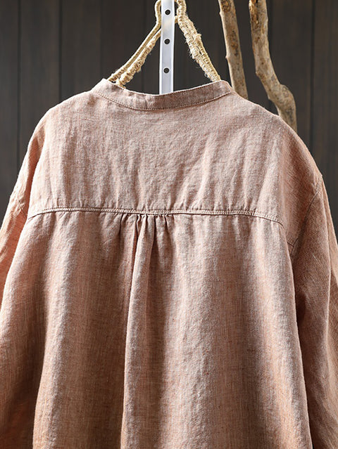 Women Spring Pure Color Stand Collar 100%Linen Shirt