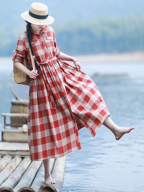 Women Spring Artsy Plaid Turn-down Collar 100%Cotton Dress