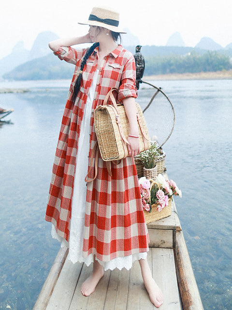 Women Spring Artsy Plaid Turn-down Collar 100%Cotton Dress