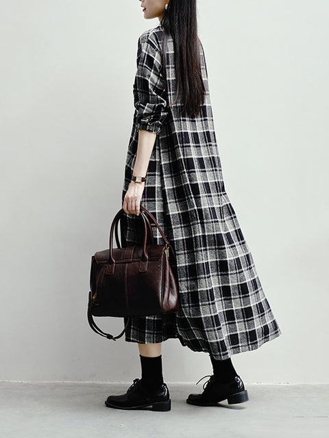 Women Spring Artsy Plaid Ruffle Collar Loose Dress