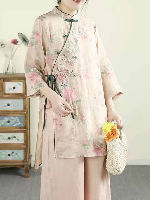 Women Ethnic Spring Flower Stand Collar Ramie Shirt