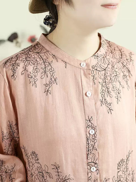 Women Artsy Spring Flower Stand Collar Shirt