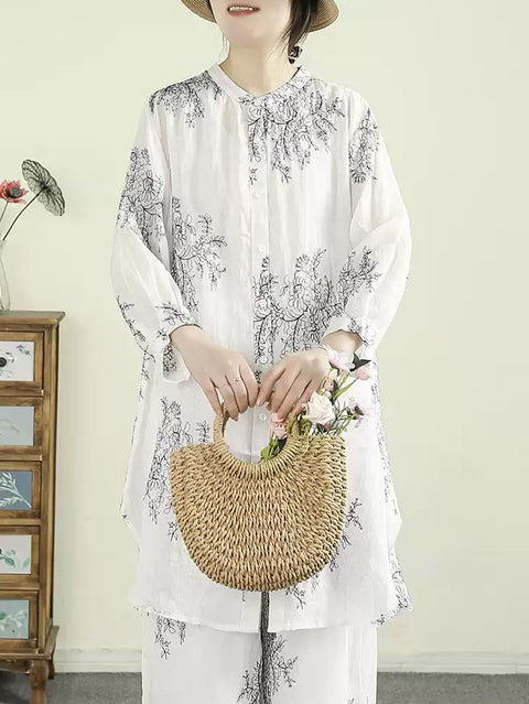 Women Artsy Spring Flower Stand Collar Shirt