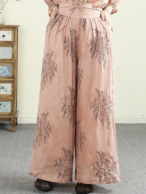 Women Spring Artsy Flower Ramie Wide-leg Pants