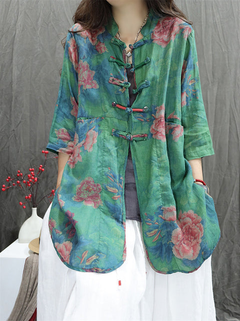 Women Artsy Summer Flower Stand Collar 100%Ramie Shirt