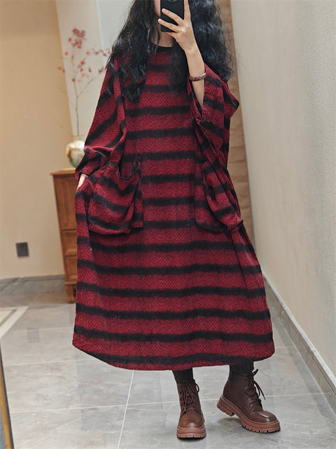 Women Spring Vintage Stripe Pocket O-Neck Loose Dress