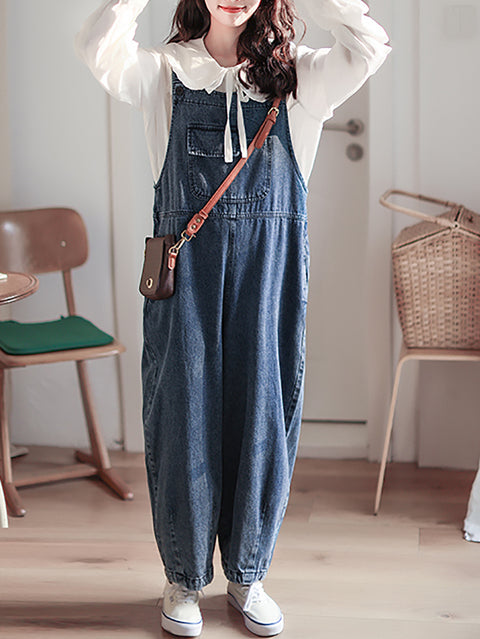 Women Spring Retro Pure Color Denim Jumpsuits