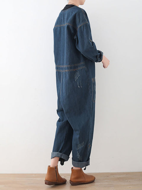 Women Spring Vintage Denim O-Neck Loose Jumpsuits