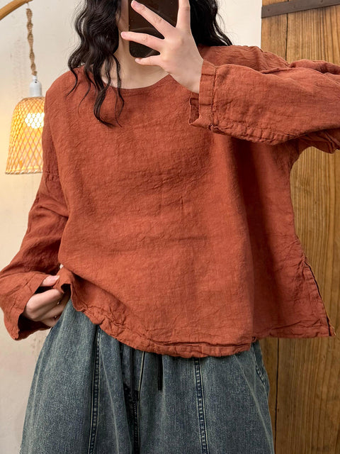 Women Spring Casual Pure Color O-Neck Linen Shirt