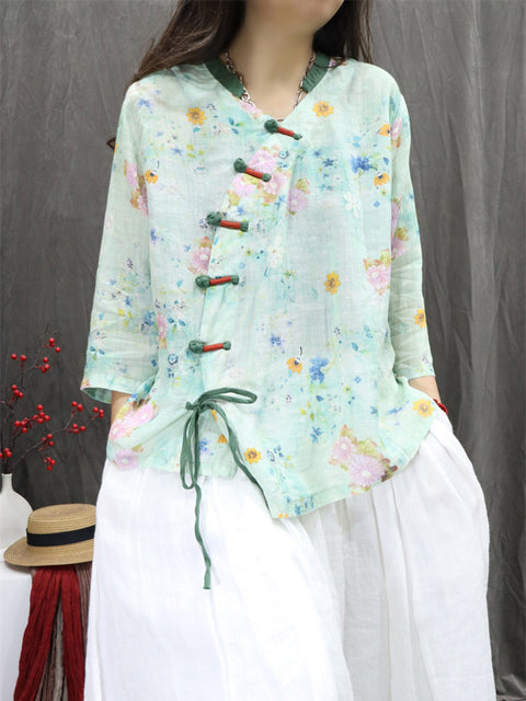 Women Ethnic Spring Flower V-Neck 100%Ramie Shirt