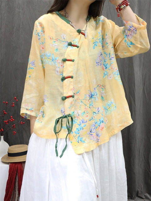 Women Ethnic Spring Flower V-Neck 100%Ramie Shirt