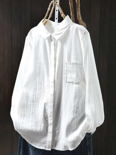 Women Spring Pure Color Cotton Turn-down Collar Shirt