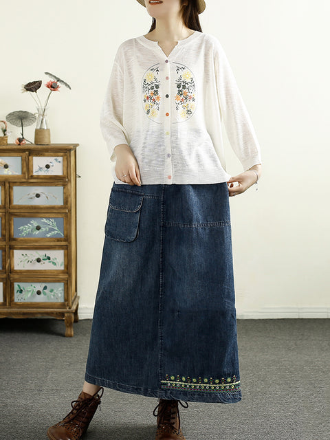 Women Spring Retro Embroidery A-Shape Denim Skirt