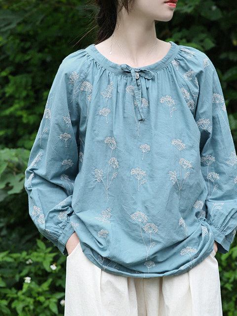 Women Summer 100%Cotton Embroidery O-Neck Shirt