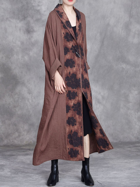 Women Retro 100%Linen Flower Spliced Batwing Sleeve Coat