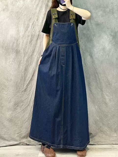 Women Summer Denim Spliced Long Suspenders Dress