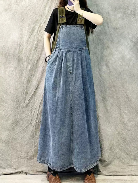 Women Summer Denim Spliced Long Suspenders Dress