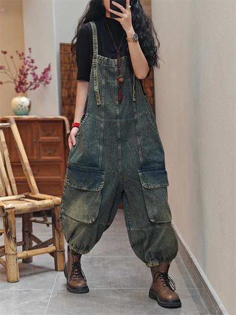 Women Spring Worn Washed Denim Loose Jumpsuits