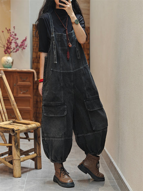 Women Spring Worn Washed Denim Loose Jumpsuits