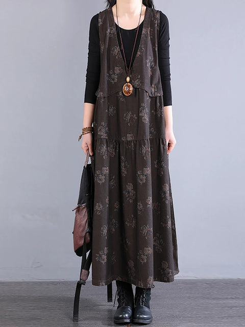 Women Spring Vintage Flower Spliced 100%Cotton Vest Dress