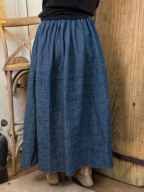 Women Spring Retro Pure Color A-Shape Denim Spliced Skirt