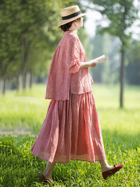 Women Summer Vintage Red Plaid 100%Linen Loose Suits