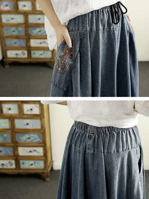 Women Spring Retro Embroidery A-Shape Denim Skirt