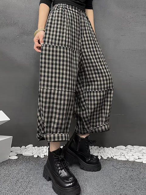 Women Vinage Spring Plaid Harem Pants