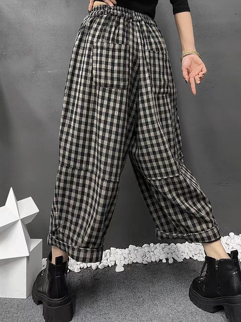 Women Vinage Spring Plaid Harem Pants