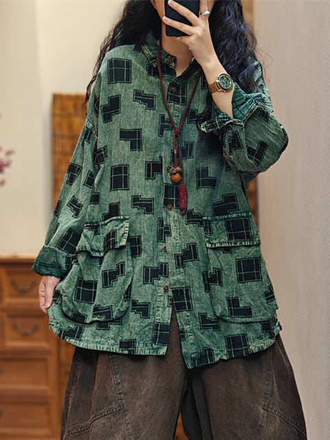 Women Spring Vintage Irregular Geometric Print Cotton Shirt