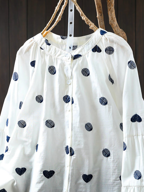 Women Artsy Heart Dot Embroidery 100%Cotton Shirt