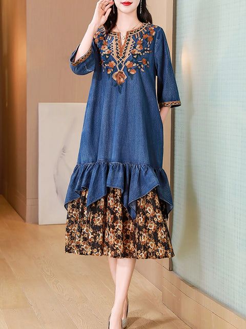 Women Summer Embroidery Flower Spliced V-Neck Denim Dress